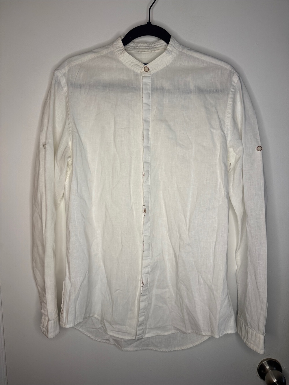 Zara Men's White Mandarin Collar Button-Down Shirt
